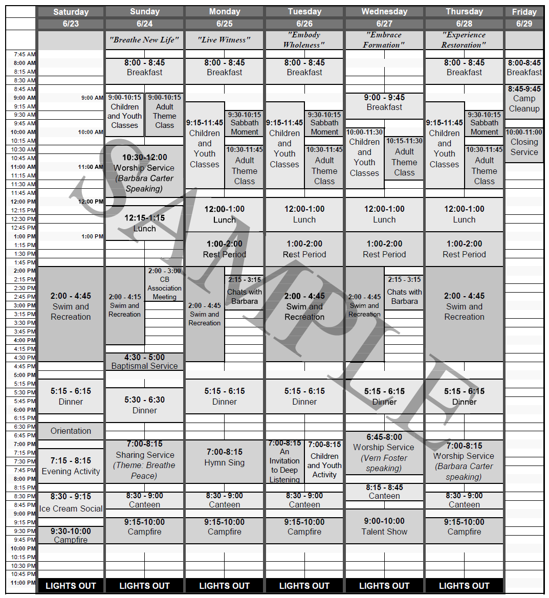 Sample Reunion Schedule